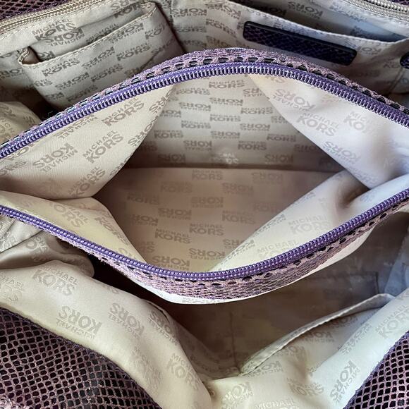 Michael Kors Hamilton Leather Purse Purple Snake Print Gold Chain - Picture 11 of 16